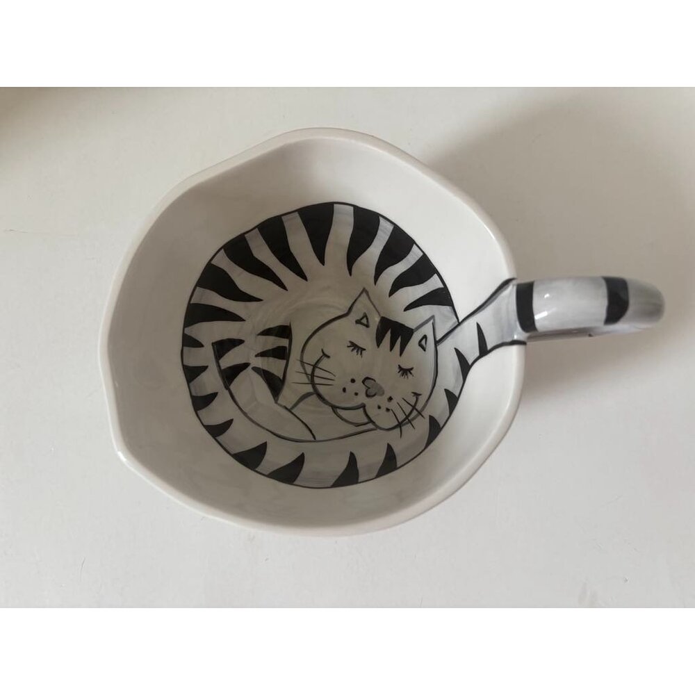 PIER 1 Imports Black & White Cat Hand Painted Coffee Mug Irregular Shape Ceramic